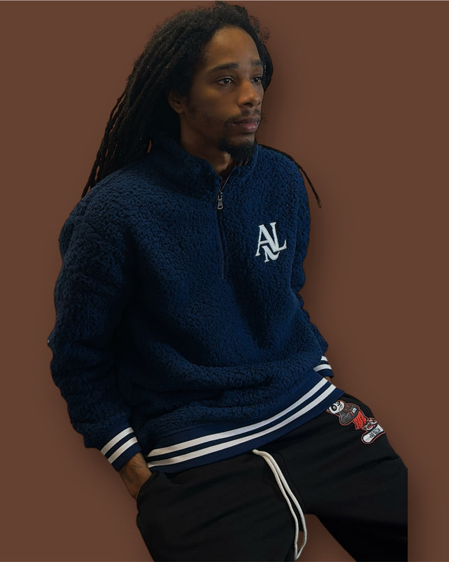 Unisex Varsity Sherpa Quarter-Zip Men Pullover Navy