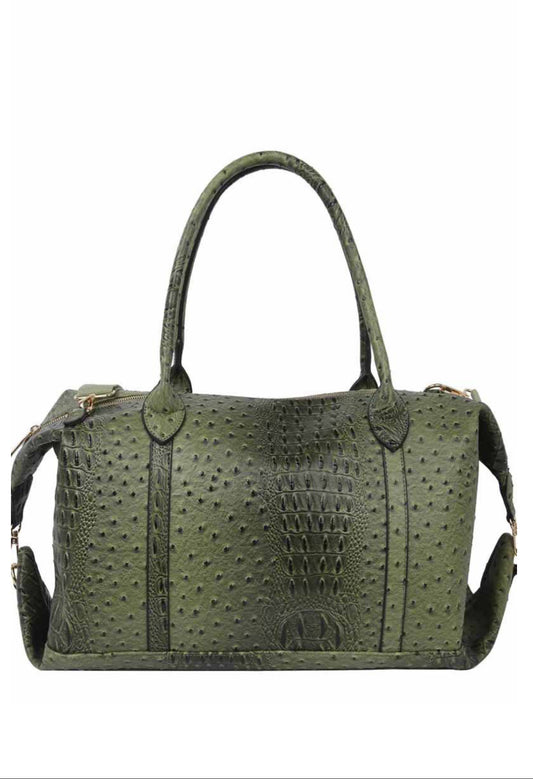 Olive Faux Leather Ostrich Croc Duffel Bag