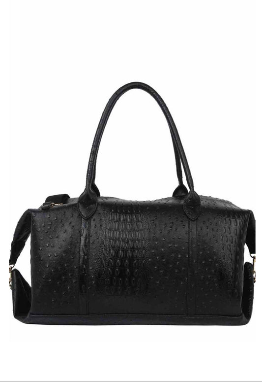 Black Faux Leather Ostrich Croc Duffel Bag