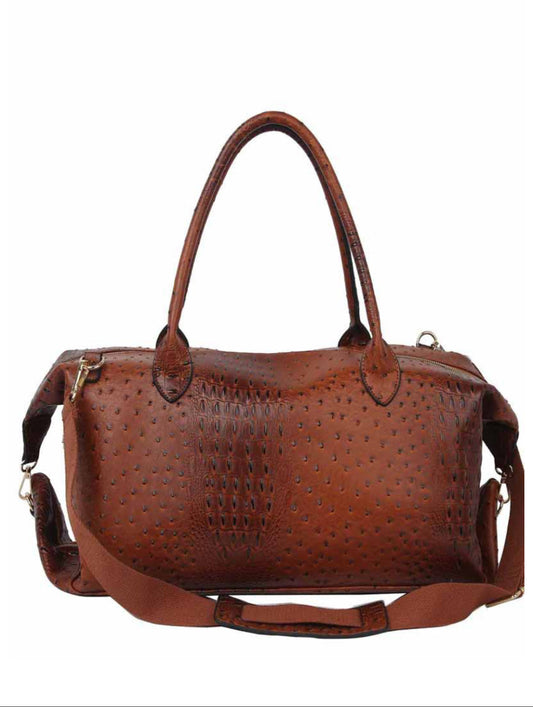Cognac Faux Leather Ostrich Croc Duffel Bag