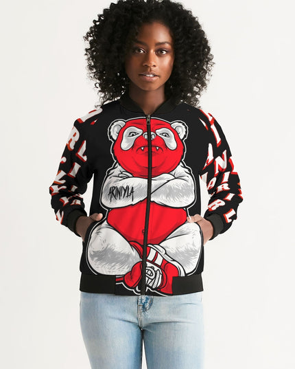AriNiyla Red Black and White Tuff Luv Panda Women Bomber Jacket