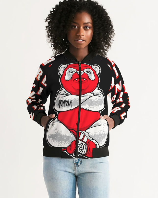 AriNiyla Red Black and White Tuff Luv Panda Women Bomber Jacket