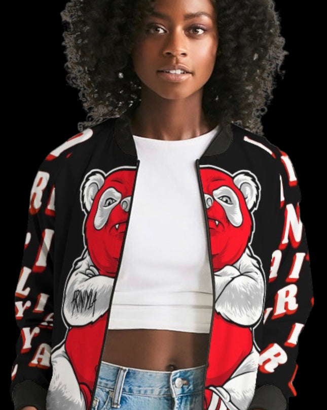 AriNiyla Red Black and White Tuff Luv Panda Women Bomber Jacket