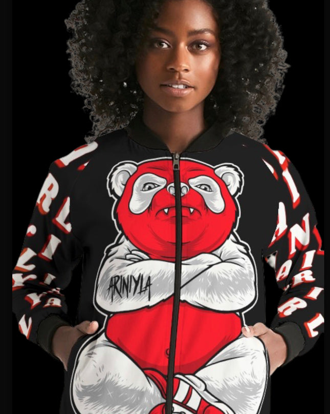 AriNiyla Red Black and White Tuff Luv Panda Women Bomber Jacket