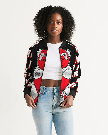 AriNiyla Red Black and White Tuff Luv Panda Women Bomber Jacket